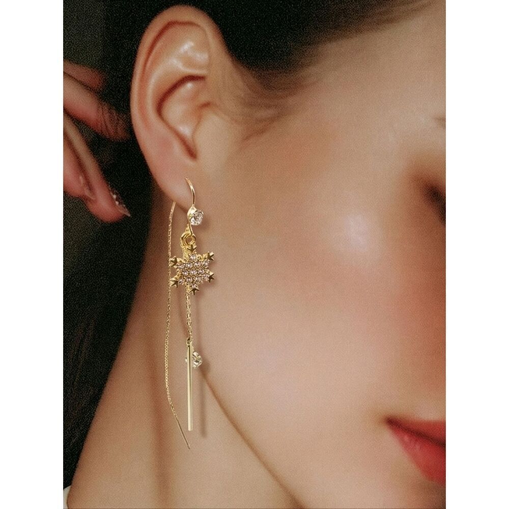 Dainty CZ Snowflake Earrings Gold Thread Dangle Holiday Wedding Formal Jewelry